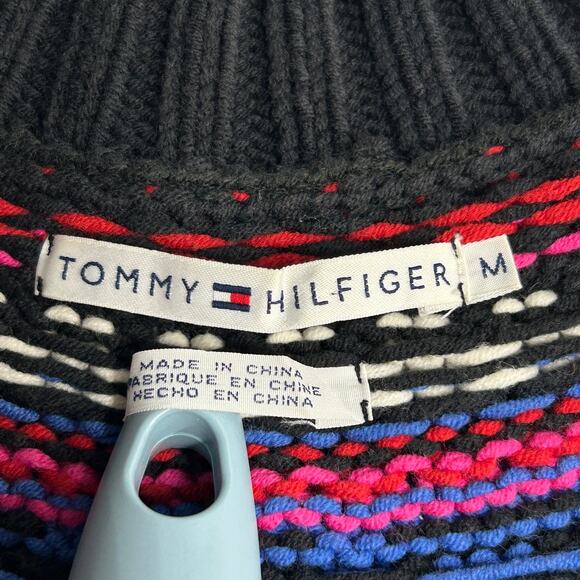 Vtg Tommy Hilfiger Womens M Fair Isle Sweater Cardigan Black Full Zip Cotton Bln - Picture 2 of 16